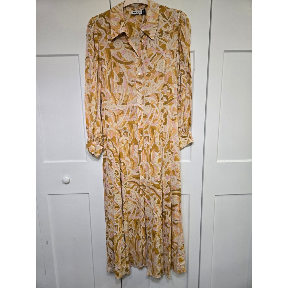 Rixo Georgina Maxi Shirt Dress XL Yellow Pink Psychedelic Swirl Long Sleeve
